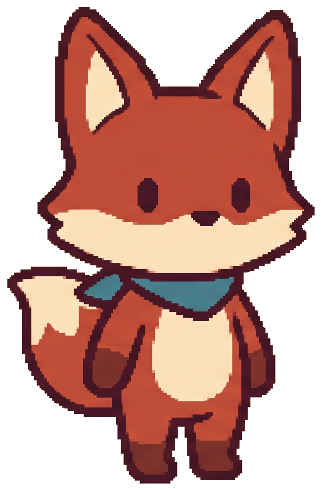 Pixel-art fox character Juno, the researcher of the Agentown village, waving hello